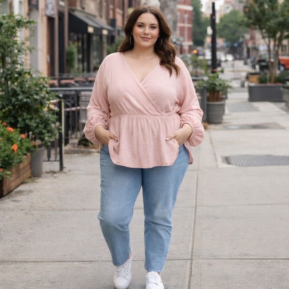 Ava & Viv Womens 2X Blush Pink Cotton Gauze‎ Surplice Peplum Top Long Sleeve